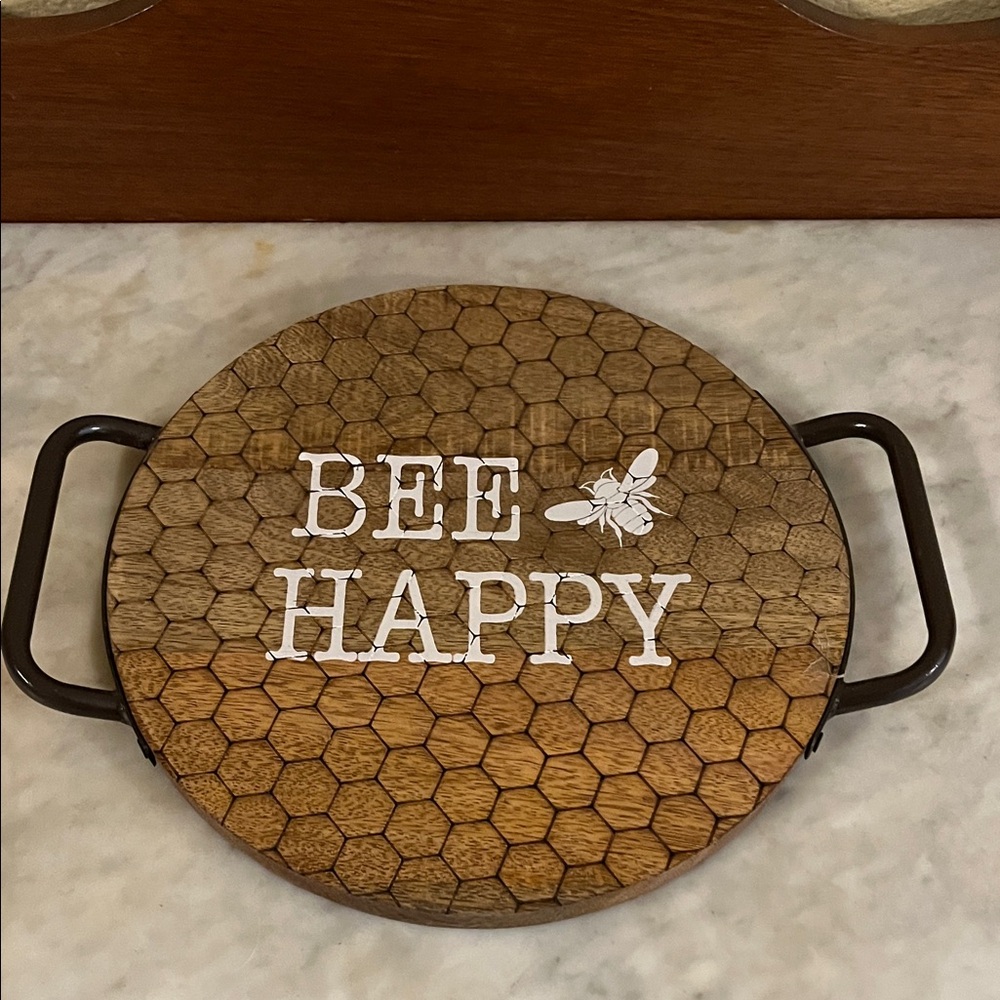 Bee Happy Wooden Serving Tray with Handles